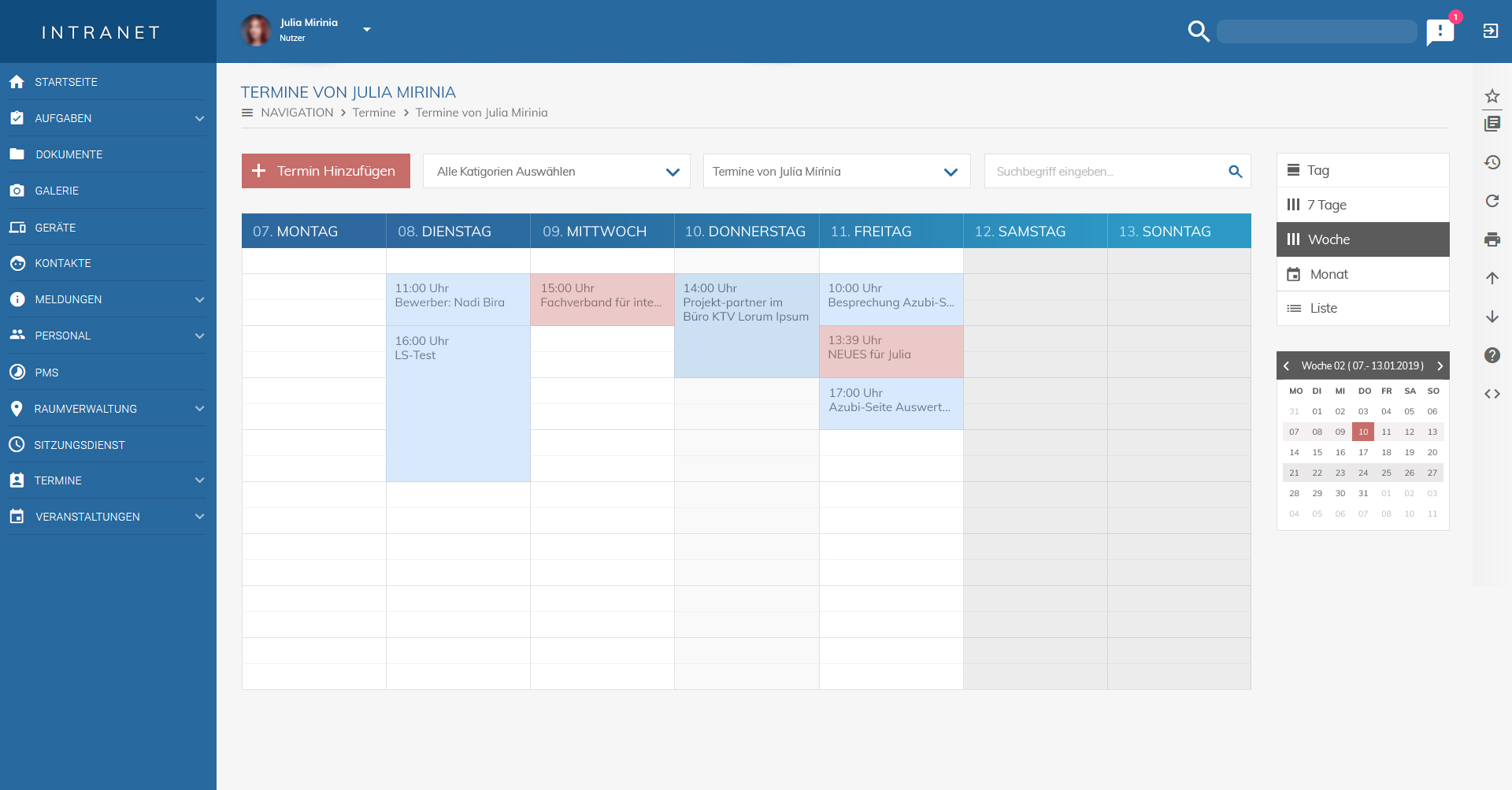 Intranet Termine Kalenderansicht