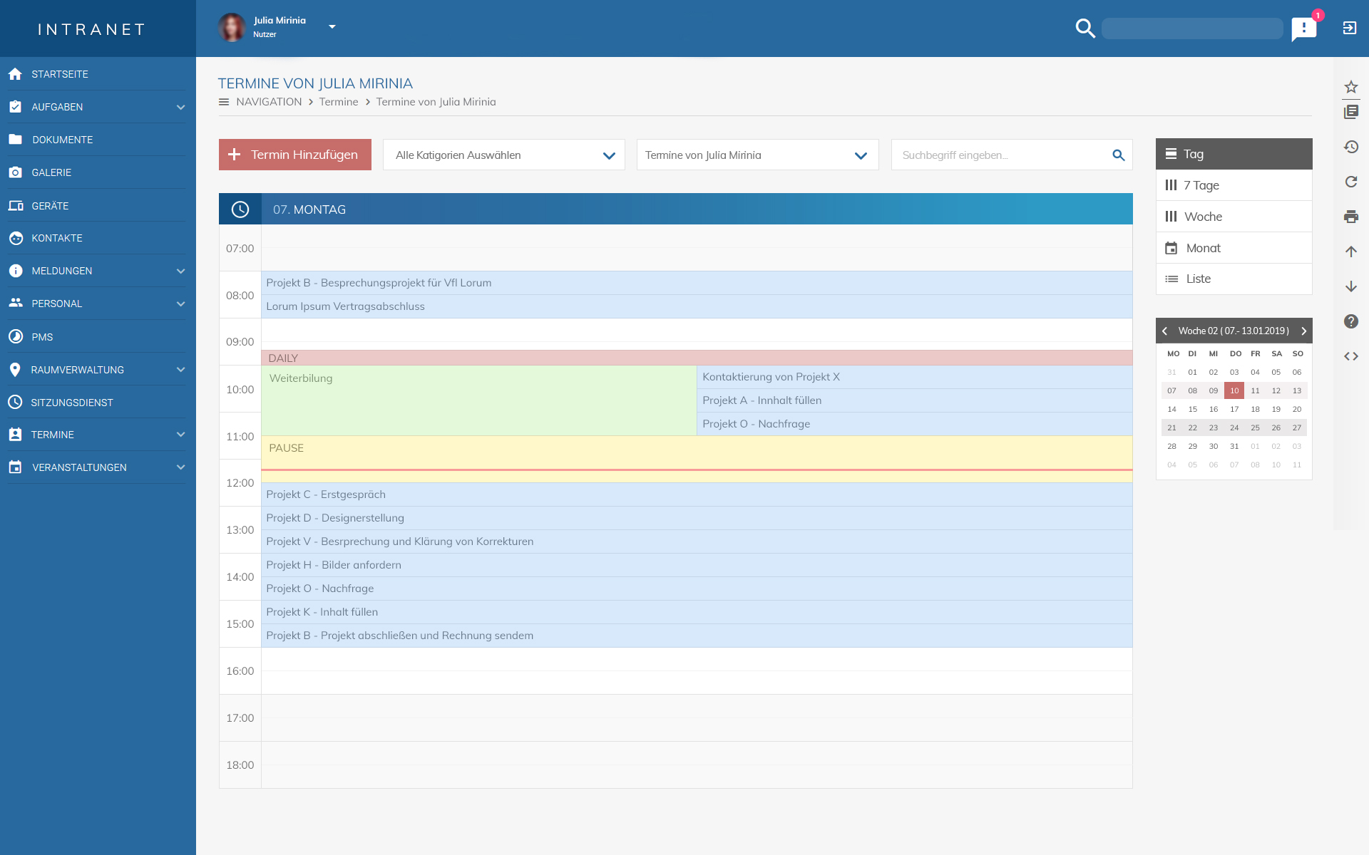 Intranet Termine Tagesansicht